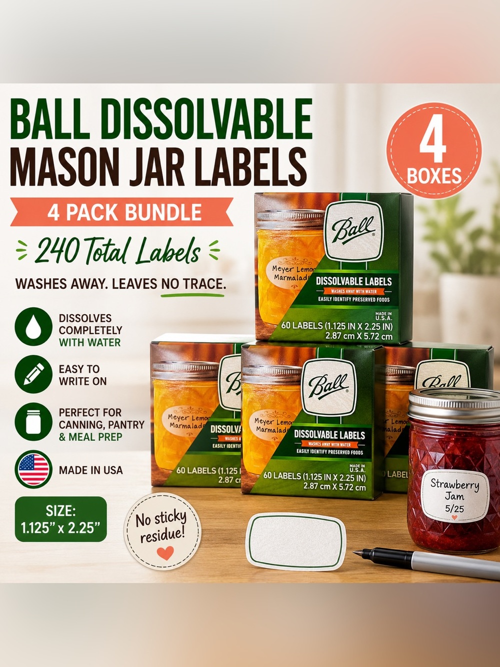 Ball Dissolvable Mason Jar Labels 4 Pack 240 Labels Washable Canning Stickers